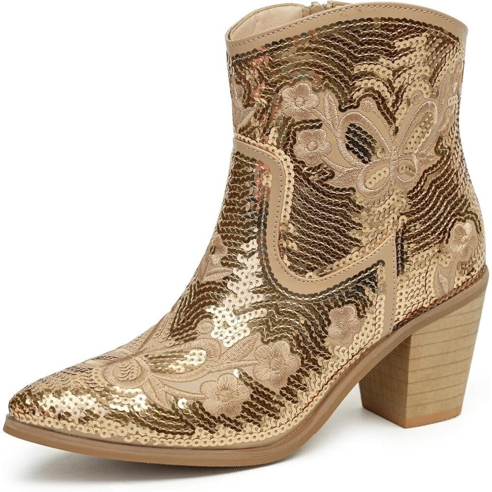 JABASIC Women Gold Western Cowboy Ankle Boots Low Cowgirl with Zipper